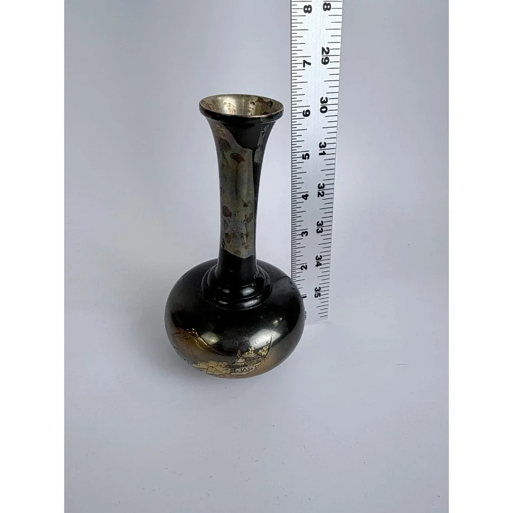 Vintage Japanese Amita Damascene Bud Vase Black Gold Silver Pagoda Mt Fuji 6.25